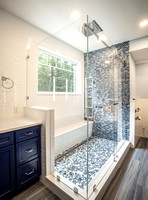 Blue Bathroom Sanctuary with Rain Overhead Shower